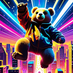 **

A vibrant, futuristic cityscape in the style of Takashi Murakami. Kanye West's Dropout Bear character soars through the sky, surrounded by glowing neon lights and abstract shapes inspired by electronic music and Daft Punk. The color palette is bright and optimistic, reflecting the album's themes of hope and innovation.

**