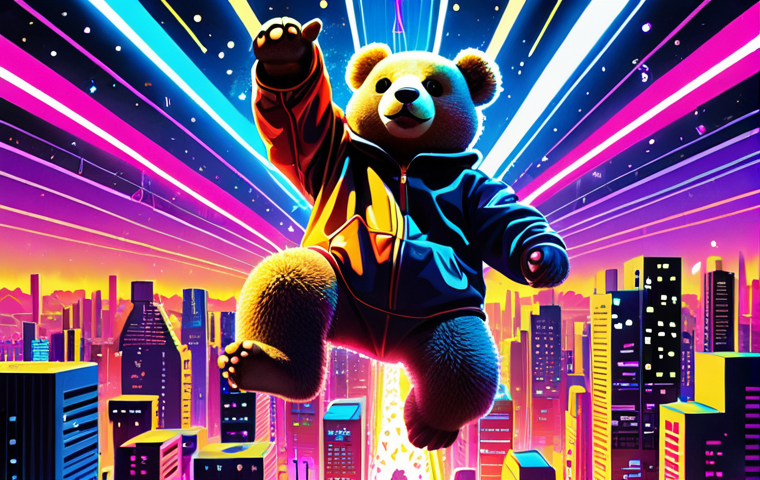 **
A vibrant, futuristic cityscape in the style of Takashi Murakami. Kanye West's Dropout Bear character soars through the sky, surrounded by glowing neon lights and abstract shapes inspired by electronic music and Daft Punk. The color palette is bright and optimistic, reflecting the album's themes of hope and innovation.
**