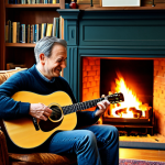 **

A cozy living room scene with a crackling fireplace.  A man, fully clothed in comfortable, perhaps slightly worn, clothing, sits on a plush armchair holding an acoustic guitar. The room is warmly lit, filled with bookshelves, and has a vintage record player in the background.  Emphasis on creating a nostalgic and inviting atmosphere.  Safe for work, appropriate content, family-friendly. Perfect anatomy, correct proportions, natural pose, well-formed hands, proper finger count, natural body proportions. Professional photography, high quality.

**