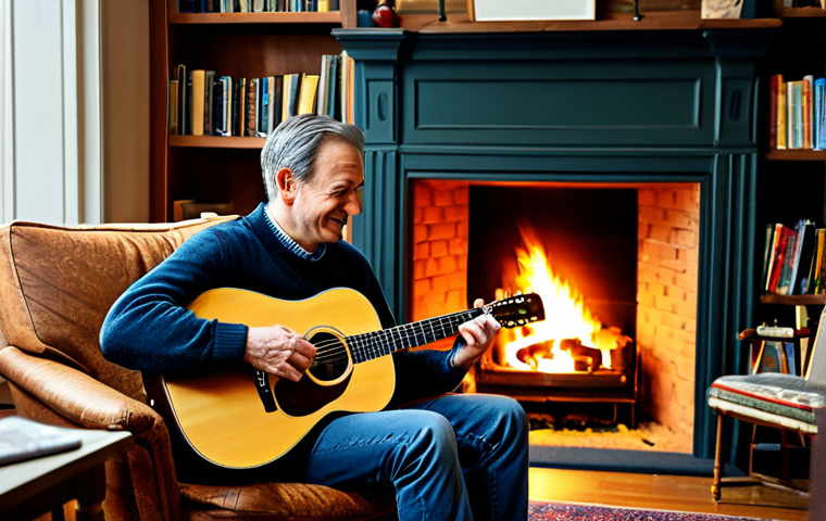 **
A cozy living room scene with a crackling fireplace. A man, fully clothed in comfortable, perhaps slightly worn, clothing, sits on a plush armchair holding an acoustic guitar. The room is warmly lit, filled with bookshelves, and has a vintage record player in the background. Emphasis on creating a nostalgic and inviting atmosphere. Safe for work, appropriate content, family-friendly. Perfect anatomy, correct proportions, natural pose, well-formed hands, proper finger count, natural body proportions. Professional photography, high quality.
**