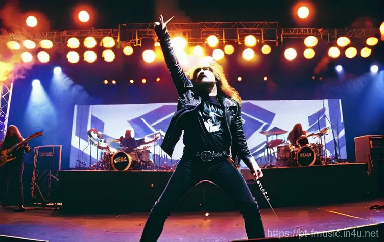 헤비메탈 음악의 대표 밴드와 곡 추천 - **Prompt 1: The Genesis of Heavy Metal**
    A dimly lit, smoky stage in a small, packed club during...