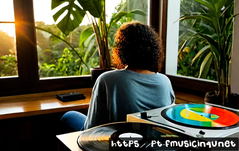 사이키델릭 록의 대표 아티스트와 곡 추천 - Photorealistic cozy Brazilian music listening room at sunset, a middle-aged vinyl enthusiast seated ...