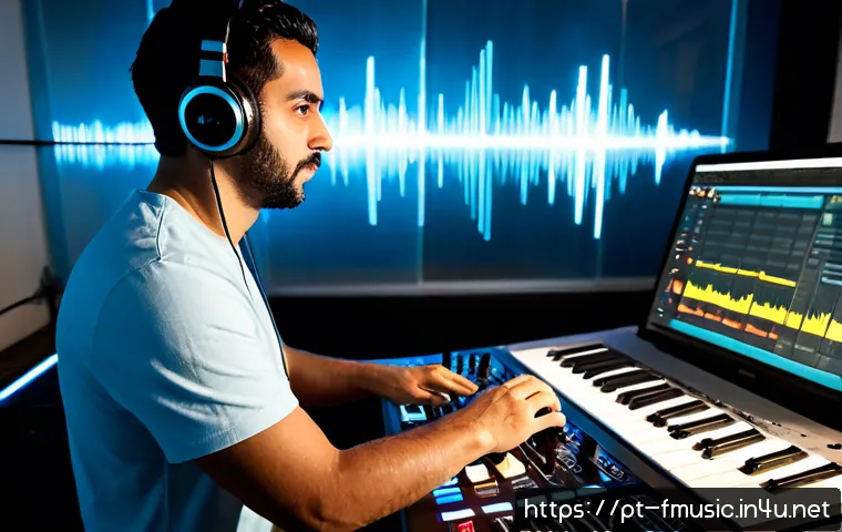 데이빗 게타 Titanium 곡 제작 비하인드 - Photorealistic behind-the-scenes electronic music production session in a modern Lisbon recording st...